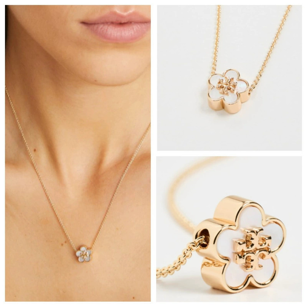 Tory Burch Forget Me Not White Shell Flower Pendant Gold Chain Short Necklace